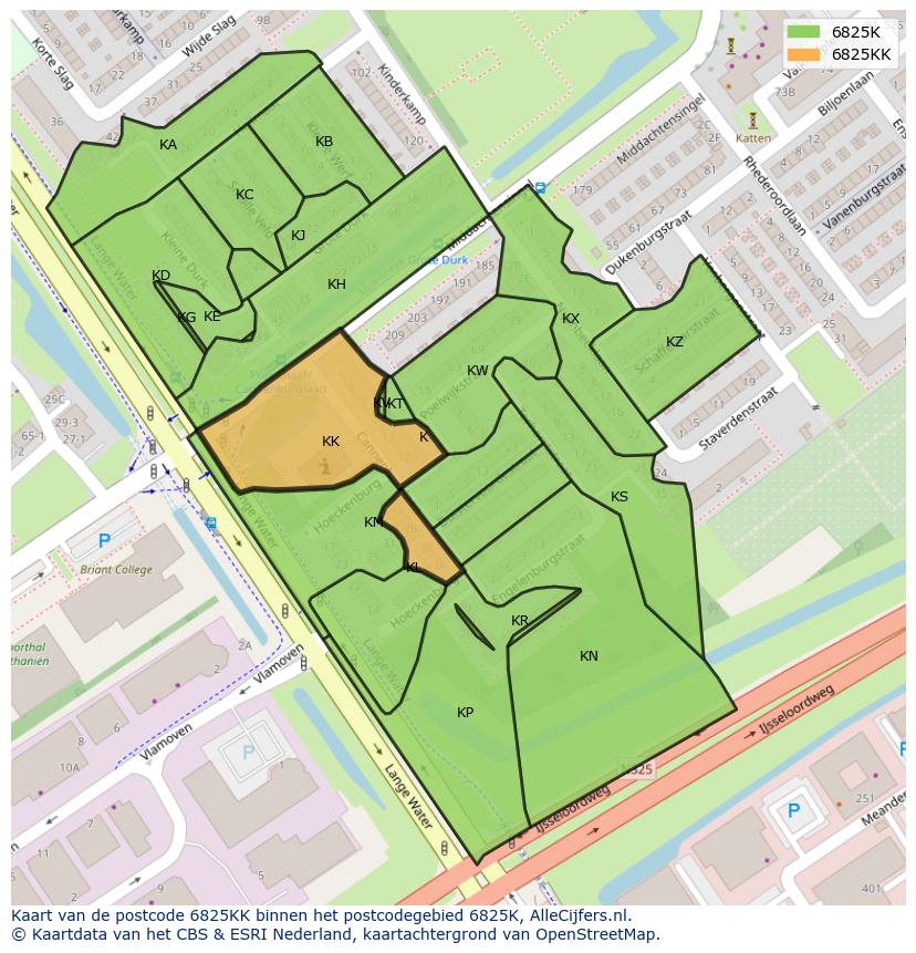Afbeelding van het postcodegebied 6825 KK op de kaart.