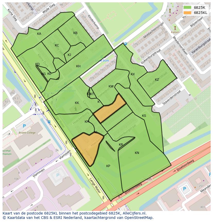 Afbeelding van het postcodegebied 6825 KL op de kaart.