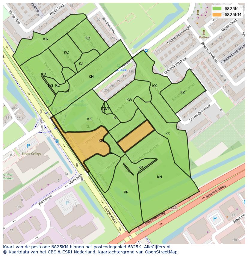 Afbeelding van het postcodegebied 6825 KM op de kaart.