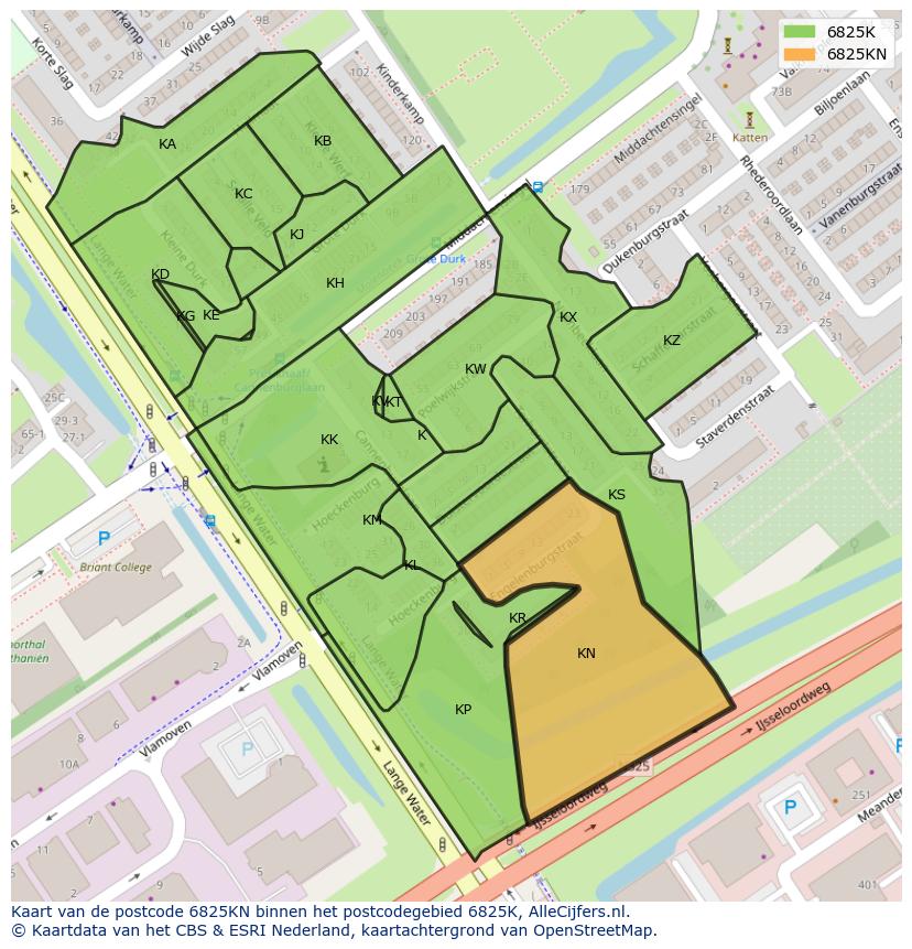 Afbeelding van het postcodegebied 6825 KN op de kaart.