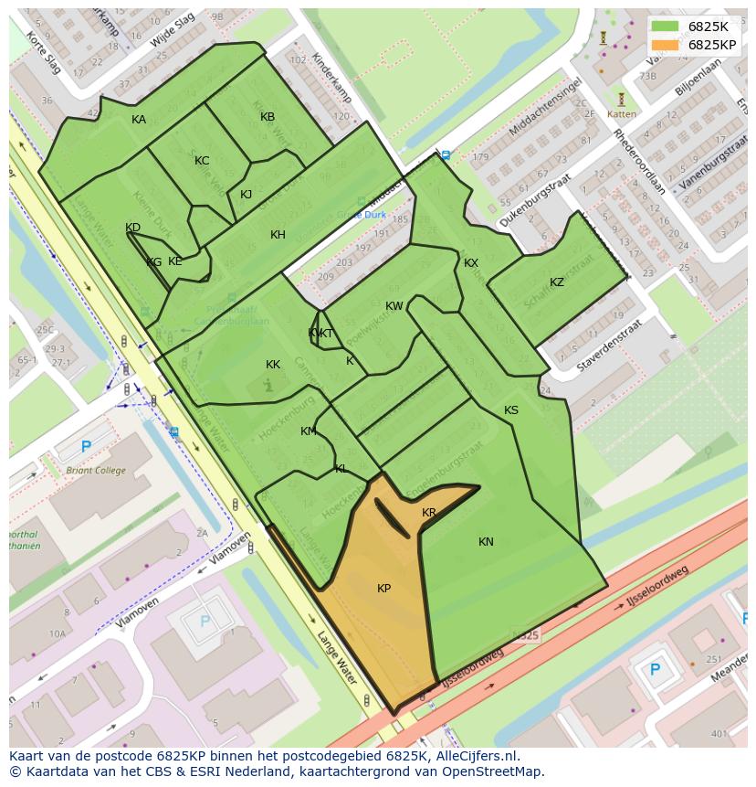 Afbeelding van het postcodegebied 6825 KP op de kaart.