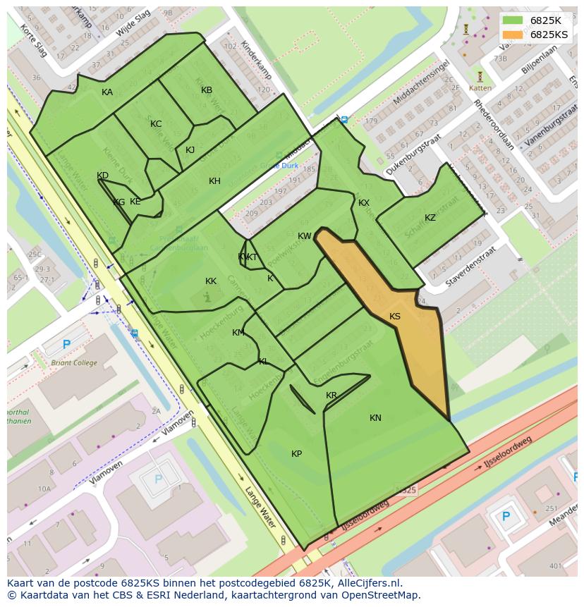 Afbeelding van het postcodegebied 6825 KS op de kaart.