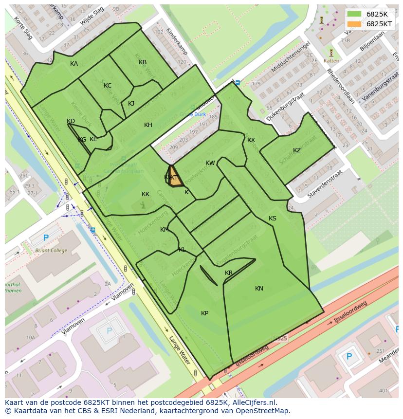 Afbeelding van het postcodegebied 6825 KT op de kaart.