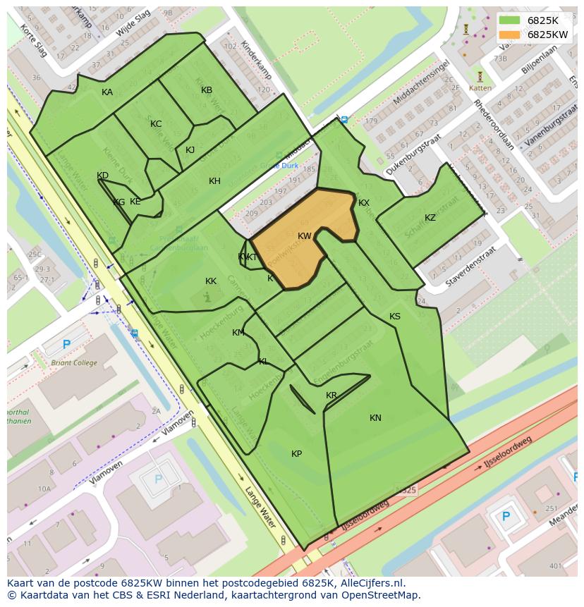 Afbeelding van het postcodegebied 6825 KW op de kaart.
