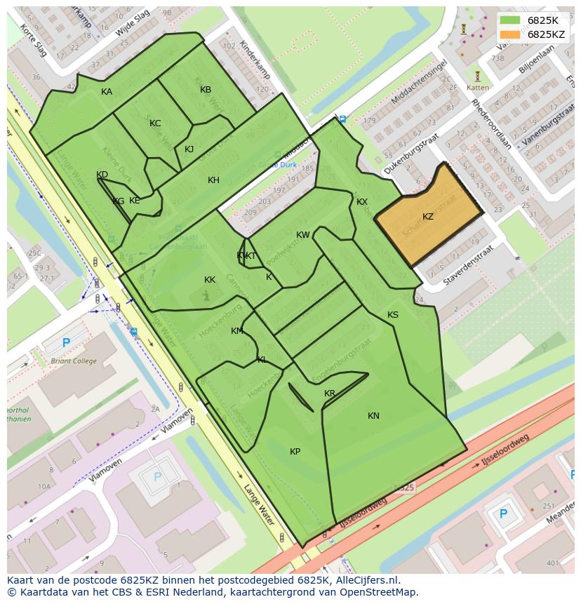 Afbeelding van het postcodegebied 6825 KZ op de kaart.