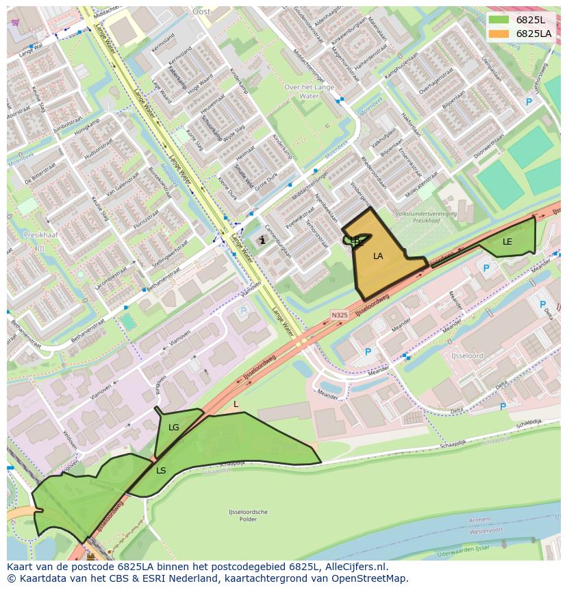 Afbeelding van het postcodegebied 6825 LA op de kaart.