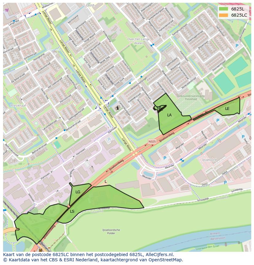 Afbeelding van het postcodegebied 6825 LC op de kaart.