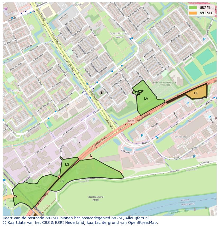 Afbeelding van het postcodegebied 6825 LE op de kaart.