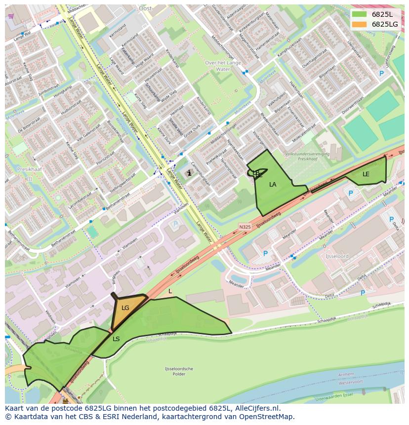 Afbeelding van het postcodegebied 6825 LG op de kaart.