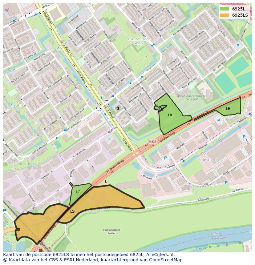 Afbeelding van het postcodegebied 6825 LS op de kaart.