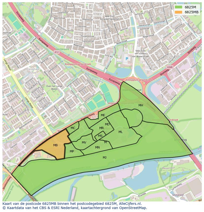 Afbeelding van het postcodegebied 6825 MB op de kaart.
