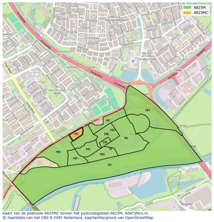 Afbeelding van het postcodegebied 6825 MC op de kaart.