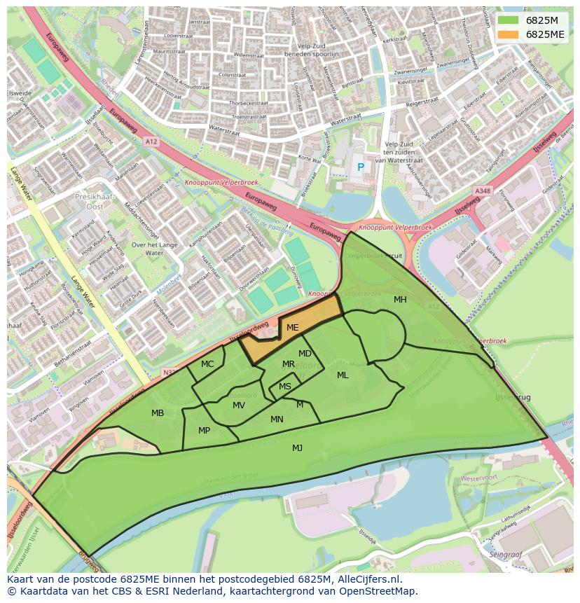 Afbeelding van het postcodegebied 6825 ME op de kaart.