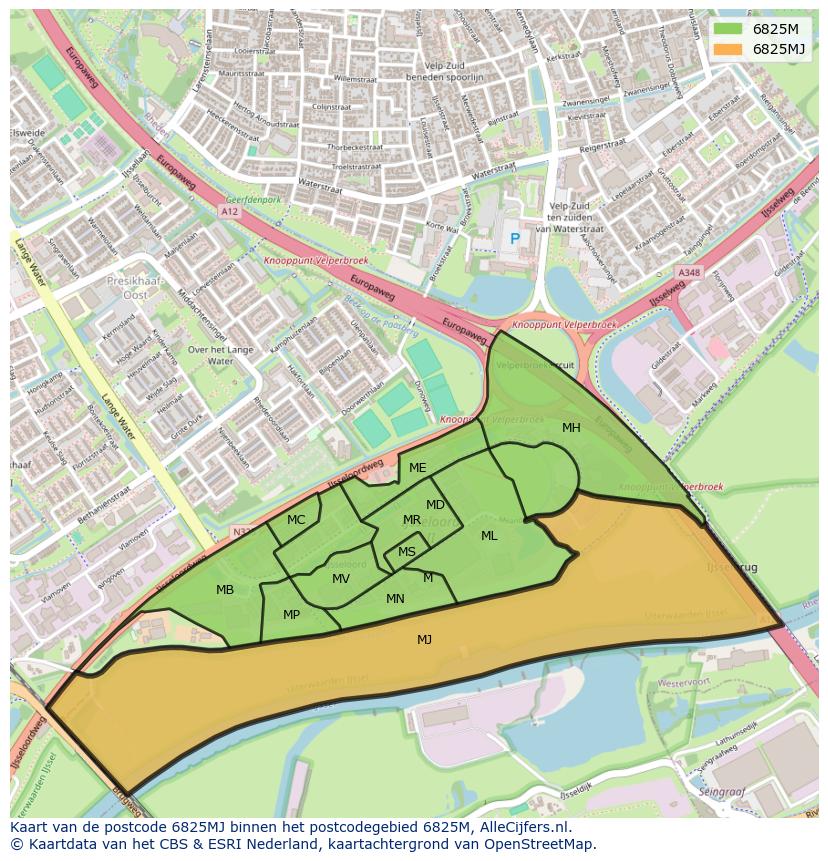 Afbeelding van het postcodegebied 6825 MJ op de kaart.
