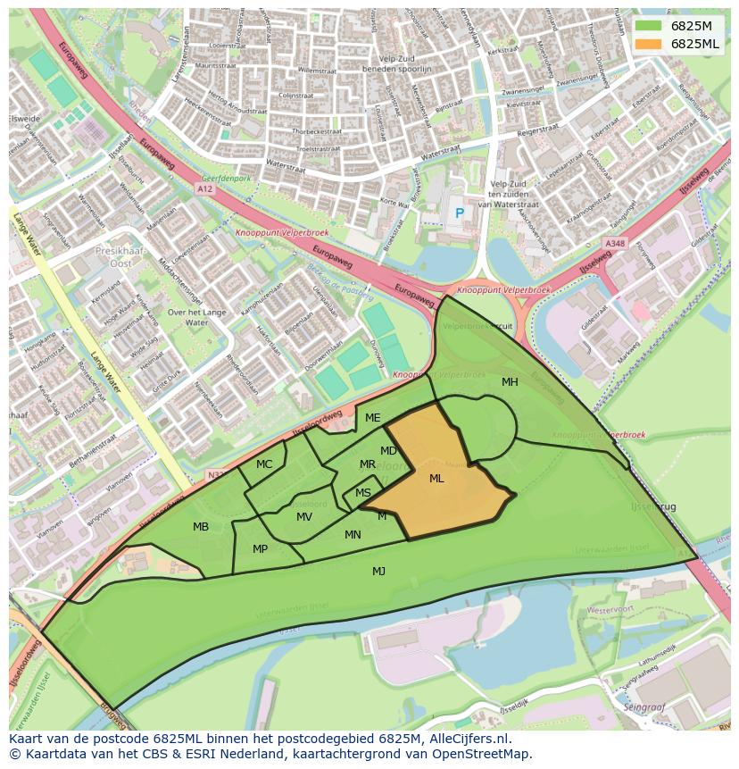 Afbeelding van het postcodegebied 6825 ML op de kaart.