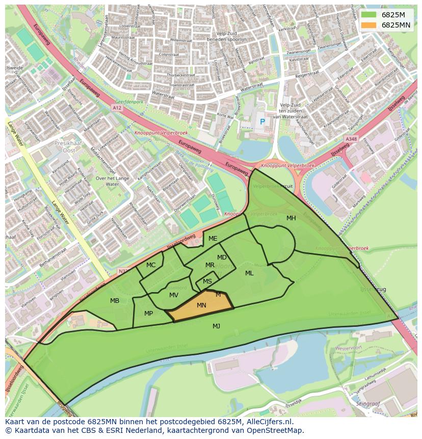 Afbeelding van het postcodegebied 6825 MN op de kaart.