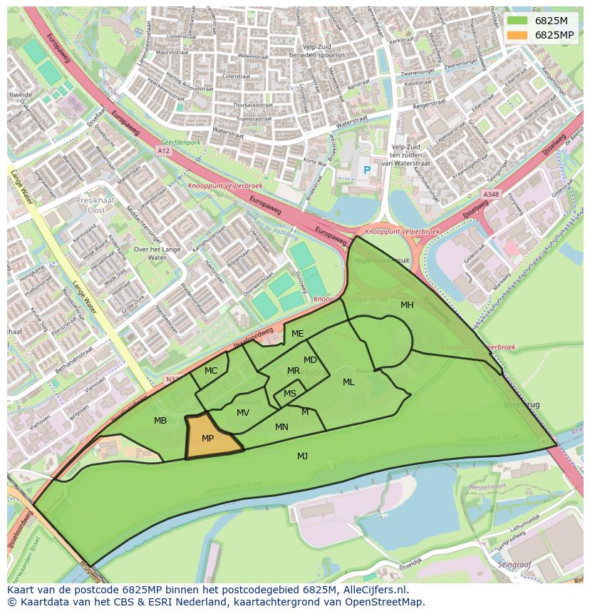 Afbeelding van het postcodegebied 6825 MP op de kaart.