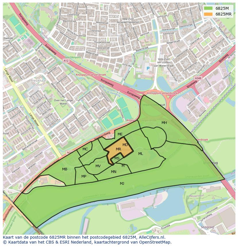 Afbeelding van het postcodegebied 6825 MR op de kaart.
