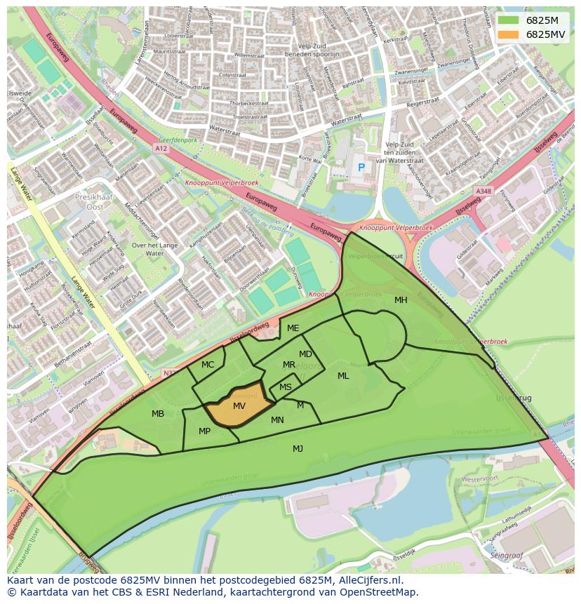 Afbeelding van het postcodegebied 6825 MV op de kaart.