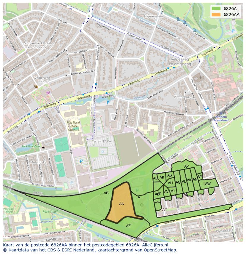 Afbeelding van het postcodegebied 6826 AA op de kaart.