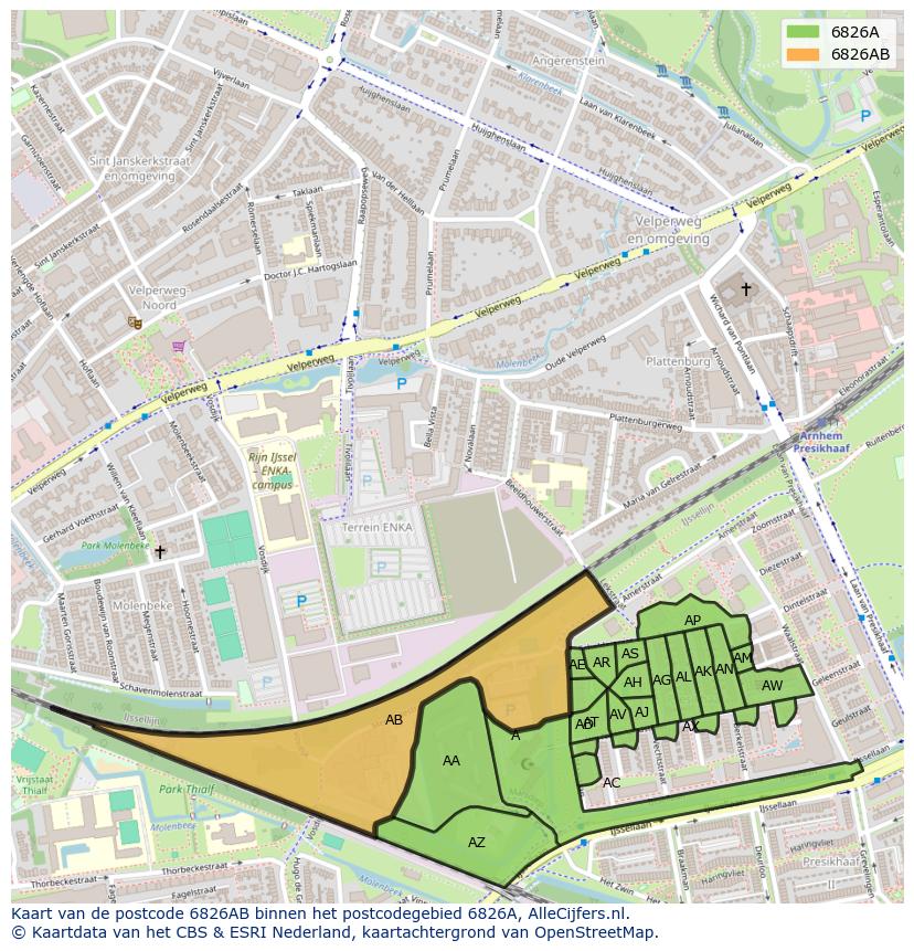 Afbeelding van het postcodegebied 6826 AB op de kaart.