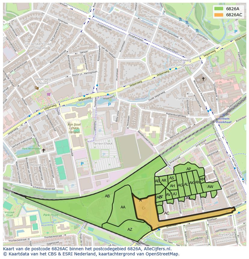 Afbeelding van het postcodegebied 6826 AC op de kaart.
