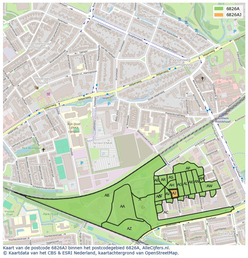 Afbeelding van het postcodegebied 6826 AJ op de kaart.