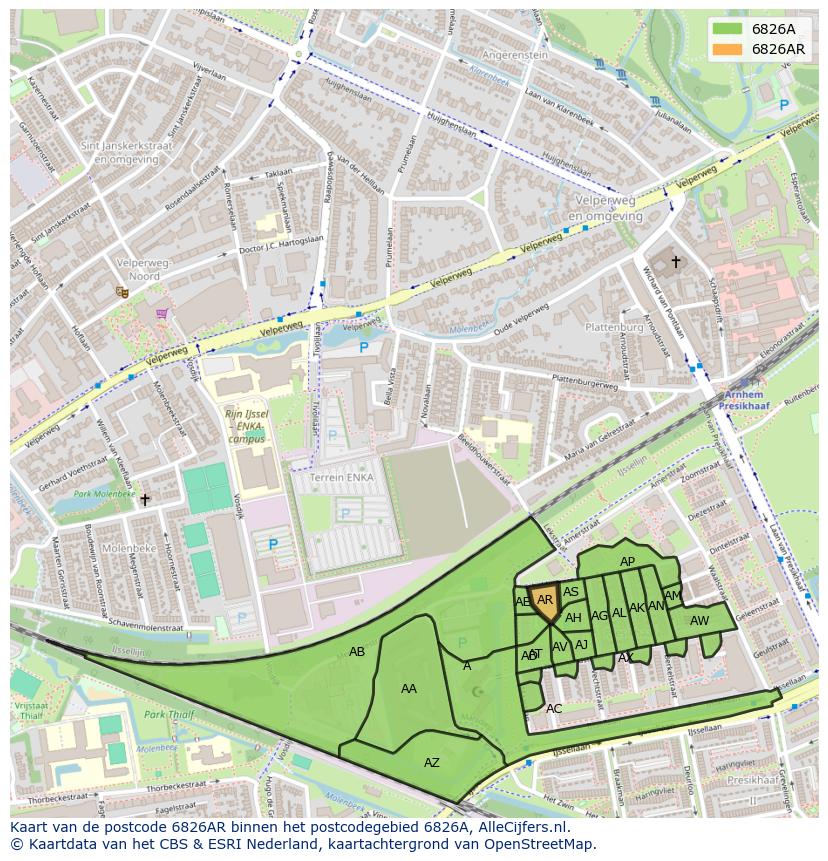 Afbeelding van het postcodegebied 6826 AR op de kaart.
