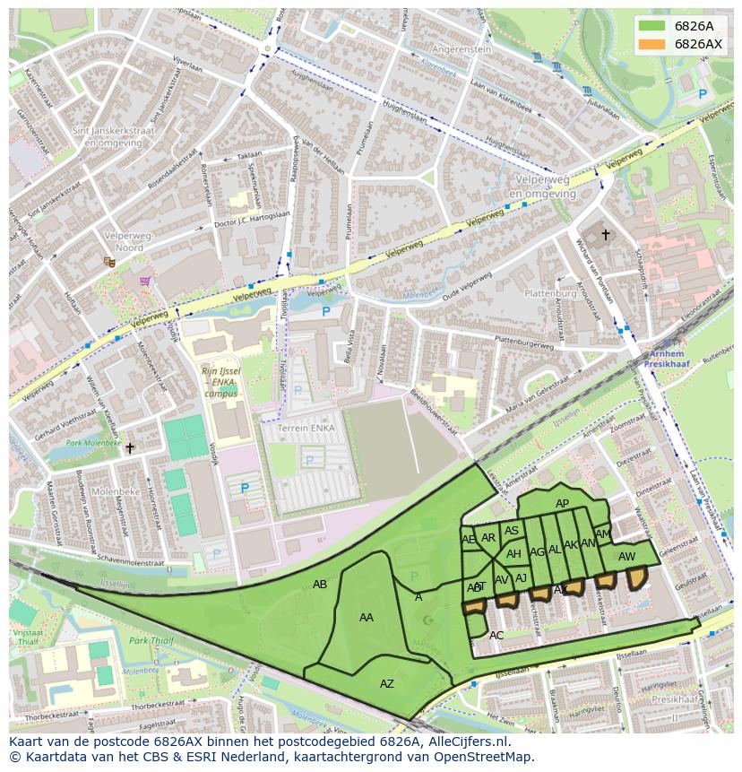 Afbeelding van het postcodegebied 6826 AX op de kaart.