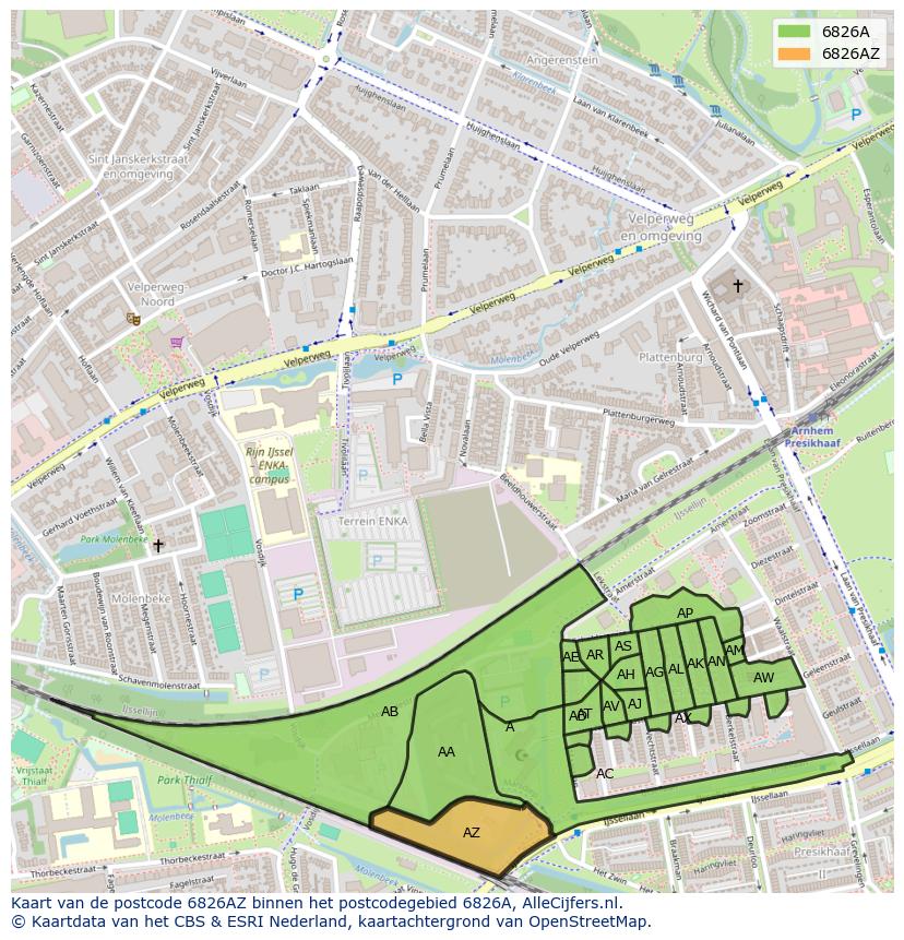 Afbeelding van het postcodegebied 6826 AZ op de kaart.