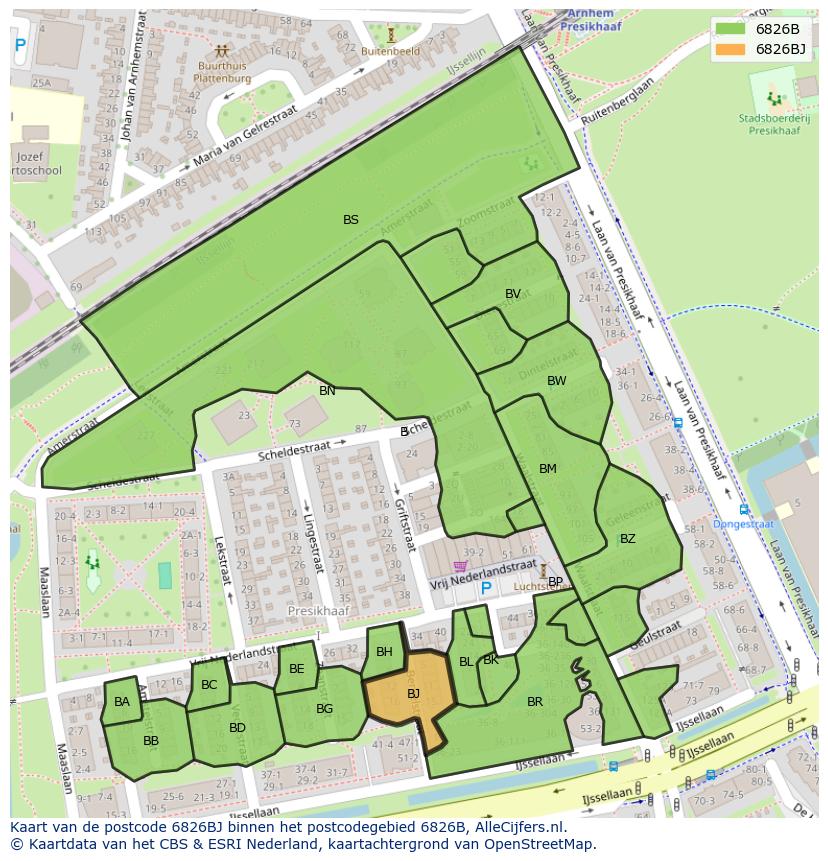 Afbeelding van het postcodegebied 6826 BJ op de kaart.