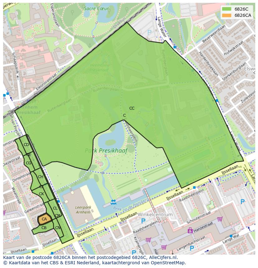 Afbeelding van het postcodegebied 6826 CA op de kaart.