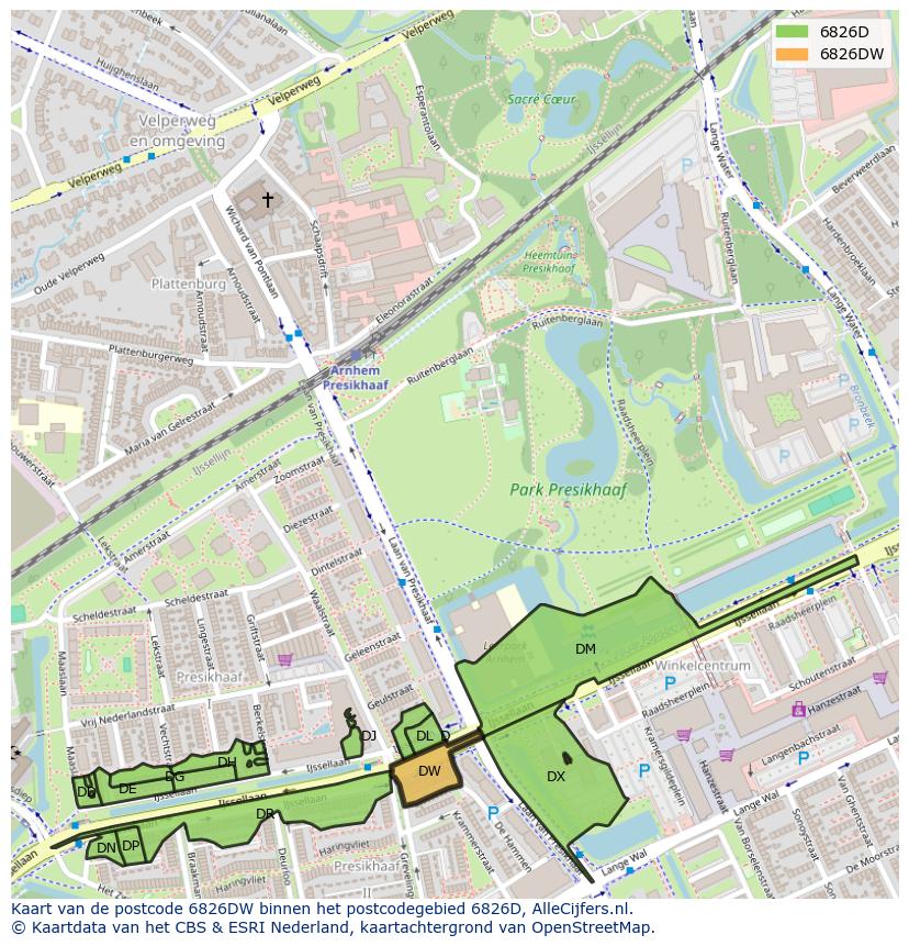 Afbeelding van het postcodegebied 6826 DW op de kaart.