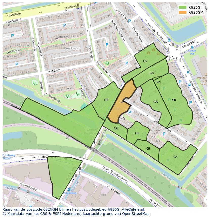 Afbeelding van het postcodegebied 6826 GM op de kaart.