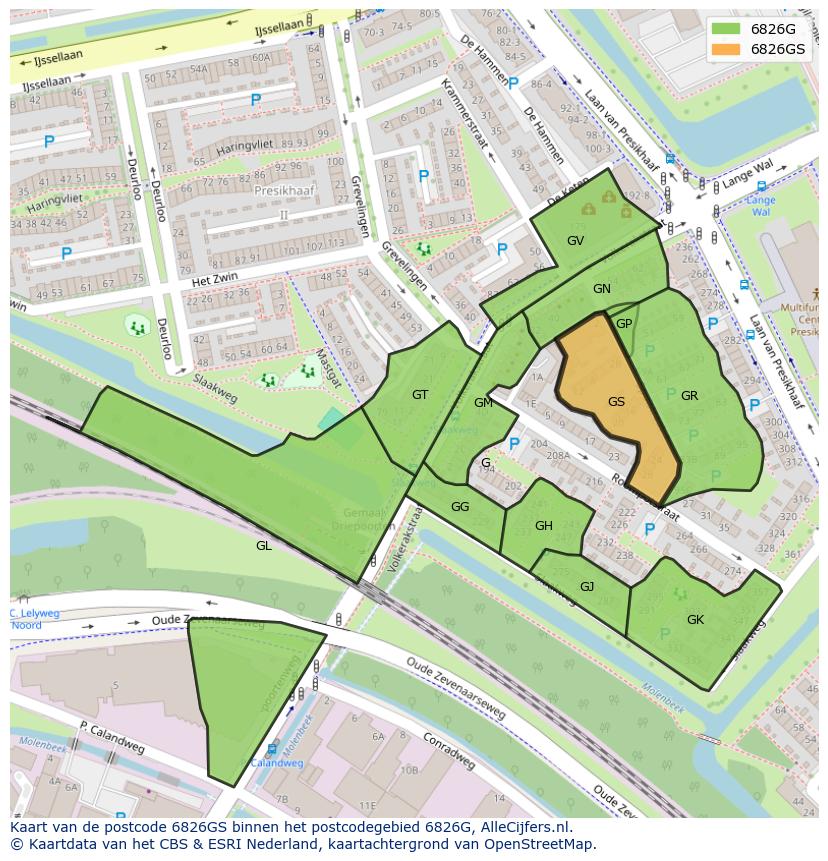 Afbeelding van het postcodegebied 6826 GS op de kaart.