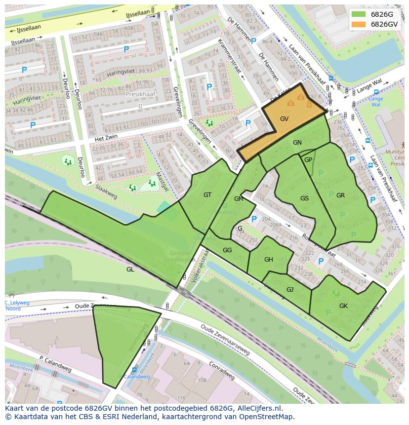 Afbeelding van het postcodegebied 6826 GV op de kaart.