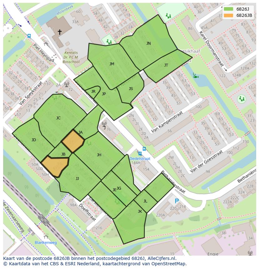 Afbeelding van het postcodegebied 6826 JB op de kaart.