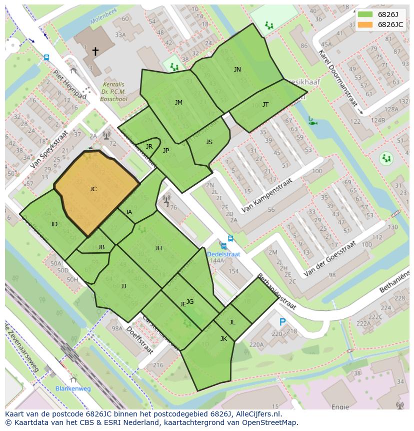 Afbeelding van het postcodegebied 6826 JC op de kaart.