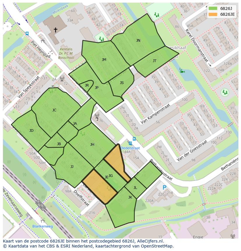 Afbeelding van het postcodegebied 6826 JE op de kaart.