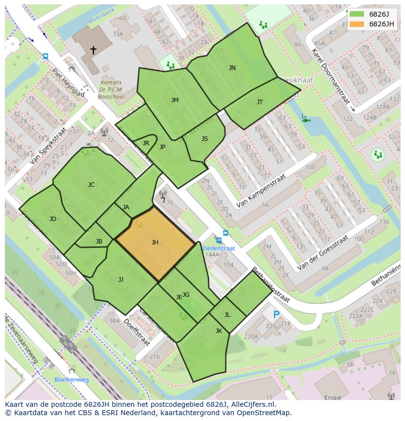 Afbeelding van het postcodegebied 6826 JH op de kaart.