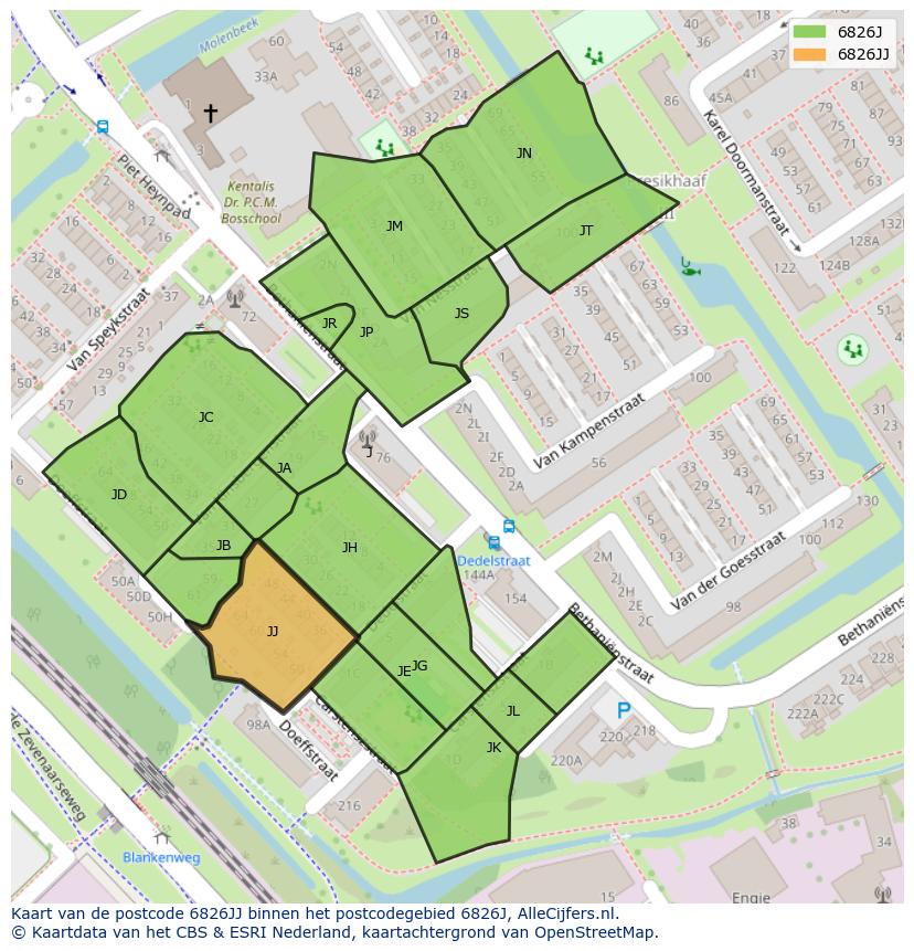 Afbeelding van het postcodegebied 6826 JJ op de kaart.