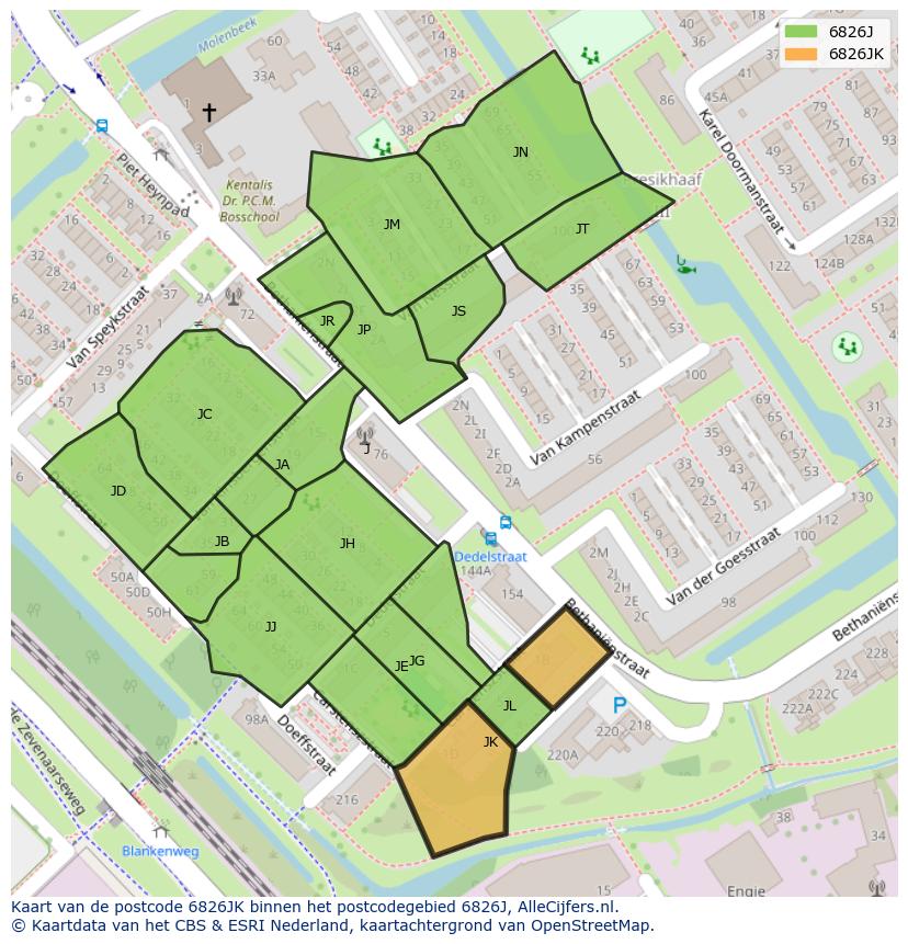 Afbeelding van het postcodegebied 6826 JK op de kaart.