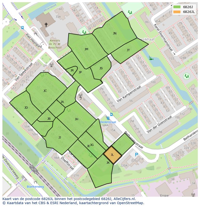 Afbeelding van het postcodegebied 6826 JL op de kaart.