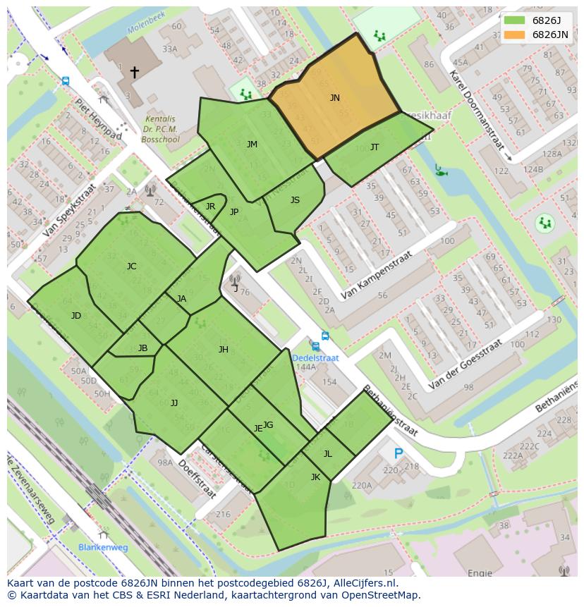 Afbeelding van het postcodegebied 6826 JN op de kaart.