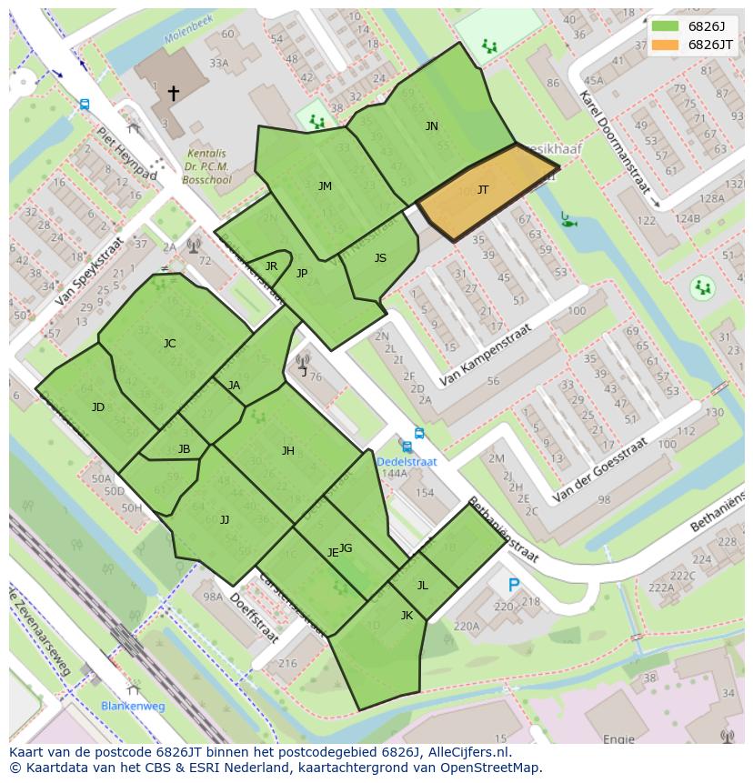 Afbeelding van het postcodegebied 6826 JT op de kaart.