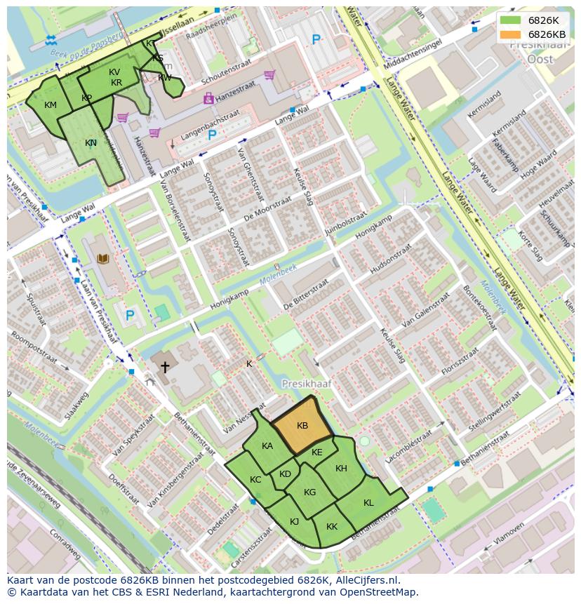 Afbeelding van het postcodegebied 6826 KB op de kaart.