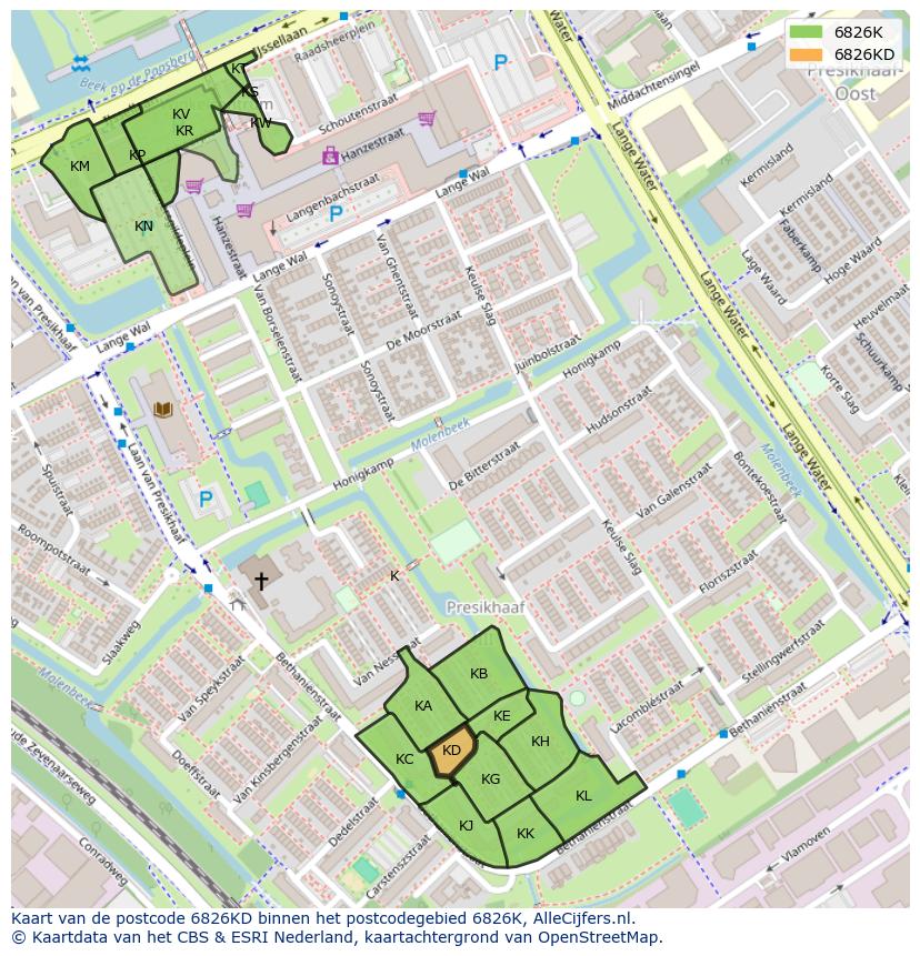 Afbeelding van het postcodegebied 6826 KD op de kaart.