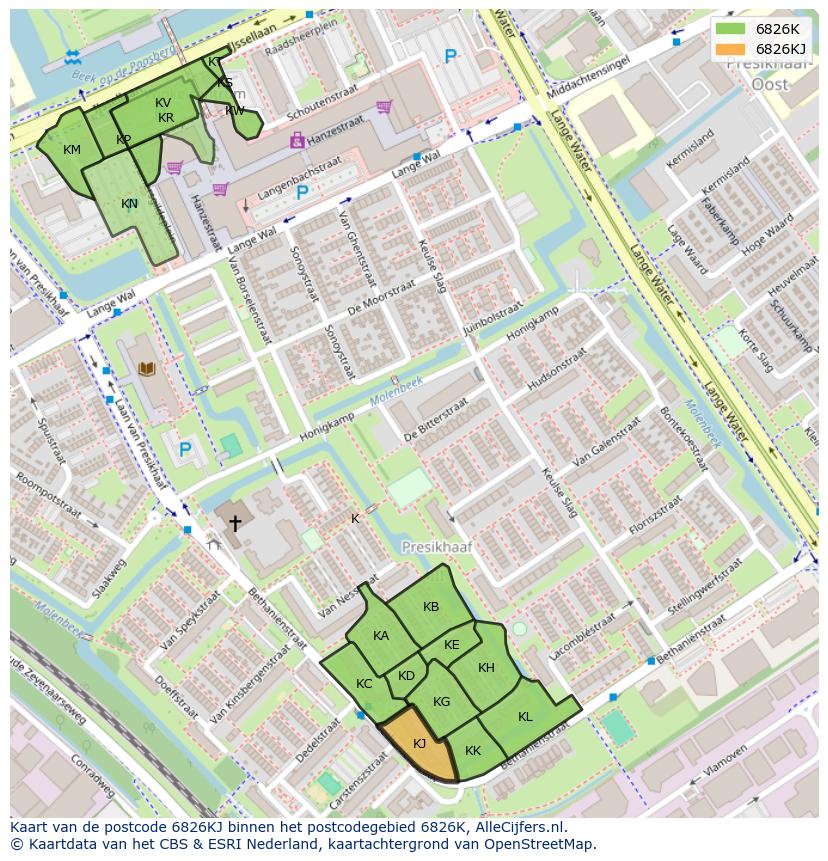 Afbeelding van het postcodegebied 6826 KJ op de kaart.