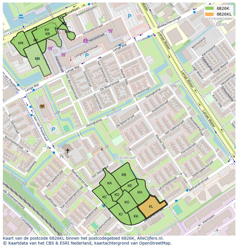 Afbeelding van het postcodegebied 6826 KL op de kaart.