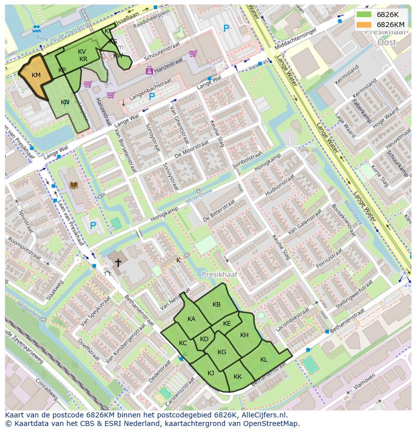 Afbeelding van het postcodegebied 6826 KM op de kaart.